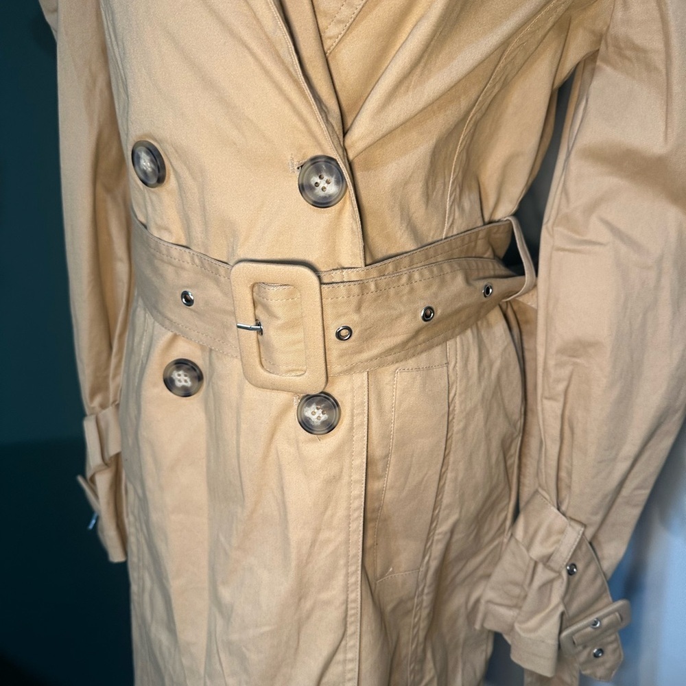 Avec Les Filles Belted Cotton Trench Coat XS Beige Puff Sleeve Double Breasted - Picture 7 of 8